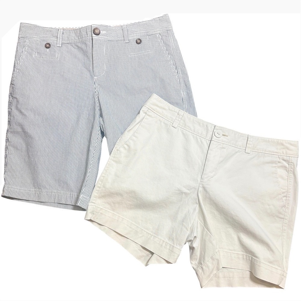 Dockers Chino Shorts Women 10 Blue White Cream Pinstripe Solid Bundle 2pk‎